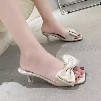 Дизайнерские женские тапочки на высоком каблуке с бантом, модные сандалии с открытой пяткой, туфли-лодочки, новые летние шлепанцы, туфли с квадратным носком, женские шлепанцы 37 бежевый