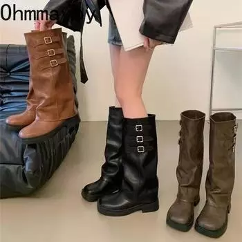Дизайнерские женские высокие сапоги, модные длинные ботинки с пряжкой на поясе, элегантные туфли на квадратном каблуке, зимние женские сапоги в рыцарском стиле 35
