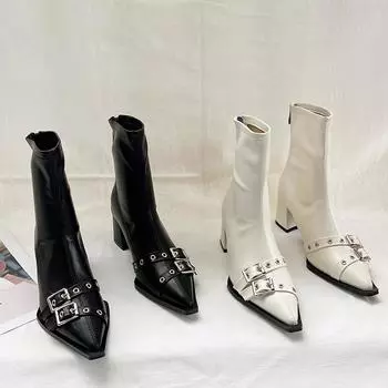 Дизайнерские зимние женские ботильоны с металлическими украшениями, с острым носком, короткие ботильоны для стриптиза, туфли на квадратном каблуке 38