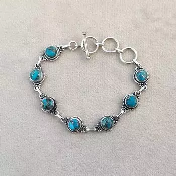 Дизайнерский браслет из серебра 925 пробы с синим медно-бирюзовым драгоценным камнем SR2235 7-9 синий