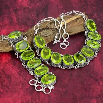 Дизайнерский браслет с лимонным топазом, ожерелье из цельного серебра 925 пробы, регулируемая цепочка, комплект украшений из браслета и ожерелья ручной работы Adjustable With 8 -18 зелёный