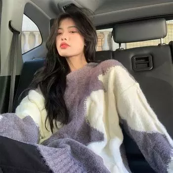 Дизайнерский контрастный цветной свитер из жареного теста, женский осенне-зимний новый мягкий восковой свободный свитер, пуловер, женское пальто