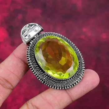 Дизайнерский кулон с лимонным топазом, кулон из стерлингового серебра 925 пробы, кулон ручной работы ко Дню памяти 2.44 Inches зелёный