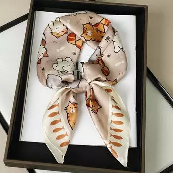 Дизайнерский модный квадратный шелковый шарф женский ободок для волос с принтом кота маленький атласный платок платок женский повязка на голову бандана