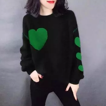 Дизайнерский нишевый черный круглый вырез свитер с принтом любви женский утолщенный осенний новый стиль One size fits all
