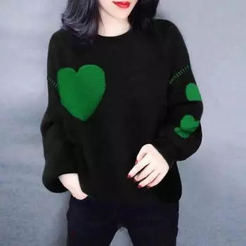 Дизайнерский нишевый черный круглый вырез свитер с принтом любви женский утолщенный осенний новый стиль One size fits all