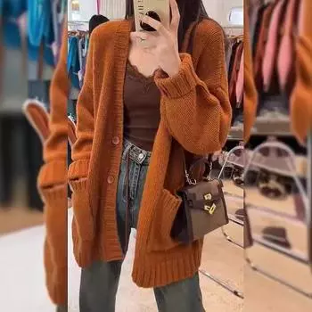 Дизайнерский нишевый коричневый вязаный кардиган шикарный высококачественный ленивый стиль темпераментный мохеровый свитер S