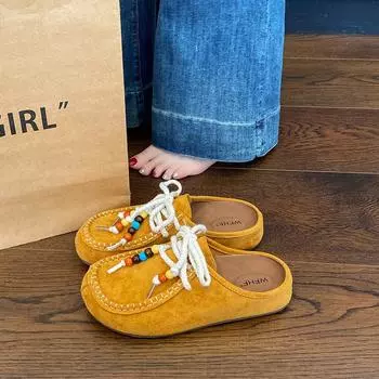 Дизайнерский нишевый мягкий кожаный женский бисерный клатч, полушлепанцы на толстой подошве в стиле ретро, женские 35