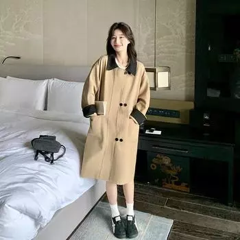 Дизайнерский плащ цвета хаки, женское осеннее новое свободное контрастное пальто средней длины S