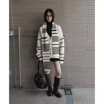 Дизайнерский полосатый свитер Arctic Velvet для женщин в зимнем ленивом стиле, вязаный кардиган с шарфом one size fits all