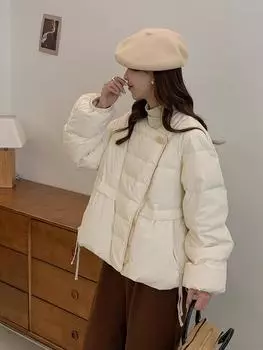 Дизайнерский пуховик женский зима 2024 новый косой планкой белый утиный пух круглый вырез короткое пальто женское One size