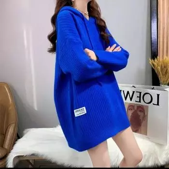 Дизайнерский пуловер, свитер, женский модный пуловер средней длины, корейский свободный свитер на осень и зиму 2022 года с капюшоном One Size зелёный