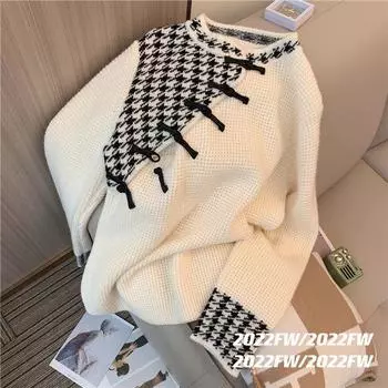 Дизайнерский пуловер, женский свитер, осень-зима 2022, повседневная верхняя одежда с круглым вырезом, маленький свободный вязаный свитер с длинными рукавами в стиле ретро, женский топ