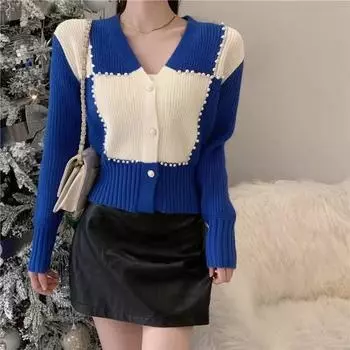 Дизайнерский сексуальный маленький цветной свитер с тяжелым кукольным воротником, кардиган, женский зимний шикарный темперамент, рубашка с короткими рукавами, кардиган One Size чёрный