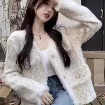Дизайнерский смысл V-образный вырез небольшой ароматный свитер куртка женская осенне-зимняя имитация норки бархатная бахрома вязаный кардиган топ S