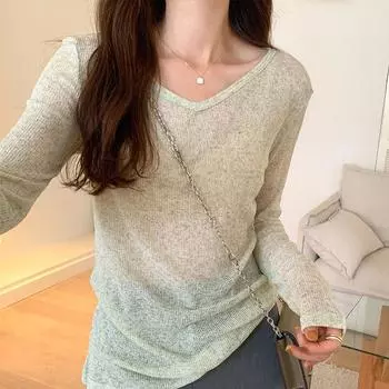 Дизайнерский стиль Niche Hot Girl, слегка прозрачный свитер с V-образным вырезом, футболка с длинными рукавами, женская новая осенняя рубашка-топ S