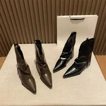 Дизайнерский стиль, темперамент, Spice girl, модные брюки, сапоги на толстом каблуке, осень и зима 2024, новые остроносые ботинки-сигареты на низком каблуке, короткие сапоги 35 чёрный
