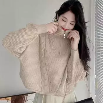 Дизайнерский свитер на молнии с жареным тестом, женский осенне-зимний пуловер 2023, однотонный свободный вязаный свитер в стиле вестерн, пуловер, топ One Size зелёный