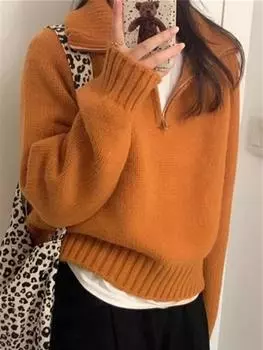 Дизайнерский свитер с полумолнией и лацканами, женский осенне-зимний новый корейский свитер со стоячим воротником, свободный, для ношения на улице S бежевый