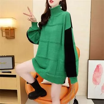 Дизайнерский свитер с высоким воротом средней и длинной длины для женщин, свободный ленивый стиль, осень и зима, новый вязаный свитер с длинными рукавами, подходящий по цвету, женский топ one size fits all