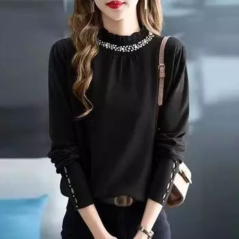 Дизайнерский темпераментный свитер с полуводолазкой и бисером, нижняя рубашка для женщин, новинка 2024 года, осень и зима, свитер с кружевным воротником One size чёрный