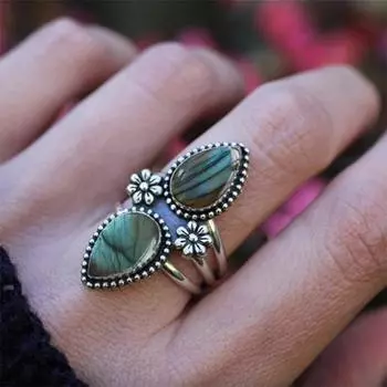 Дизайнерское богемное кольцо ручной работы с лабрадоритом и грушей, кольцо из серебра 925 пробы, эффектные ювелирные изделия, кольцо с безелем, кольцо на продажу 6