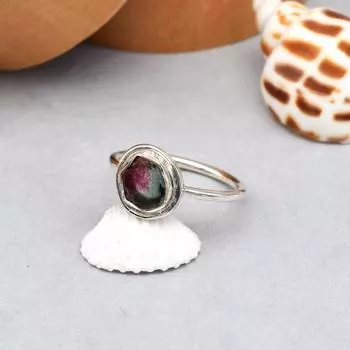 Дизайнерское кольцо из стерлингового серебра 925 пробы с необработанным турмалином и арбузом 7 США 7 US