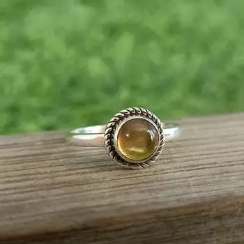 Дизайнерское кольцо ручной работы с круглым драгоценным камнем с цитрином, эффектное кольцо, кольцо с безелем, серебро 925 пробы, кольцо с камнем рождения 6