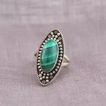 Дизайнерское кольцо ручной работы с малахитовым овальным драгоценным камнем, рождественский подарок, женские украшения, кольцо с безелем, эффектное кольцо, кольцо из серебра 925 пробы 6