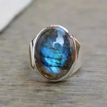 Дизайнерское кольцо ручной работы с натуральным синим лабрадоритом и овальным драгоценным камнем, мужское кольцо, серебро 925 пробы, обручальное кольцо 6
