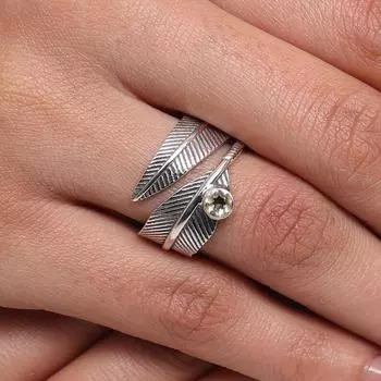 Дизайнерское кольцо ручной работы с зеленым аметистом и круглым драгоценным камнем, кольцо с листом, подарок на годовщину дня рождения, уникальный подарок, серебро 925 пробы 6