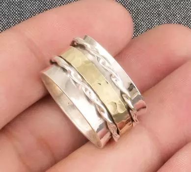 Дизайнерское кольцо ручной работы, серебро 925 пробы, подарок на годовщину дня рождения, кольцо в стиле бохо, двухцветное кольцо, кольцо-спиннер, серебряное кольцо 6