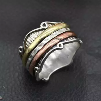 Дизайнерское кольцо-спиннер из стерлингового серебра 925 пробы для женщин, трехцветное кольцо для медитации ручной работы для нее, серебряное кольцо для подружки невесты 5 серебряный