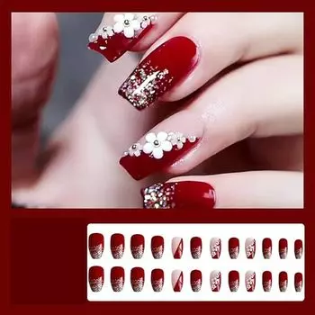 дизайнерское наращивание ногтей винно-красного цвета с белым 3D цветком и золотым жемчугом, набор из 24 предметов с маникюрным набором