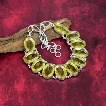 Дизайнерское ожерелье с лимонным топазом, ожерелье из стерлингового серебра 925 пробы, регулируемое ожерелье-цепочка, ожерелье ручной работы ко Дню памяти Adjustable with 18 inches зелёный