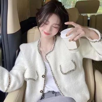 Дизайнерское пальто-кардиган, женское осенне-зимнее универсальное пальто в стиле знаменитостей с круглым вырезом из норки, флисовое пальто с длинными рукавами, женский топ One Size чёрный