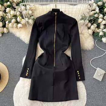 Дизайнерское платье-блейзер женское с длинным рукавом двубортное атласное платье с металлическими пуговицами и воротником-стойкой S чёрный