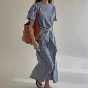 Дизайнерское платье с французской талией и перекрестными бретелями, летняя женская новая узкая полосатая длинная юбка с короткими рукавами S