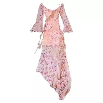 Дизайнерское платье с принтом из пряжи в виде листьев лотоса по краю талии S