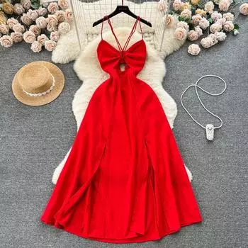 Дизайнерское платье с вырезом и запахом, с подвесным вырезом, с принтом на бретельках, облегающее длинное платье с разрезом выше колена для отпуска, на подтяжках S красный