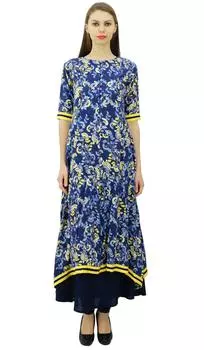 Дизайнерское платье-туника Phagun с цветочным принтом из вискозы Ethinc Ladies Kurti 10 синий
