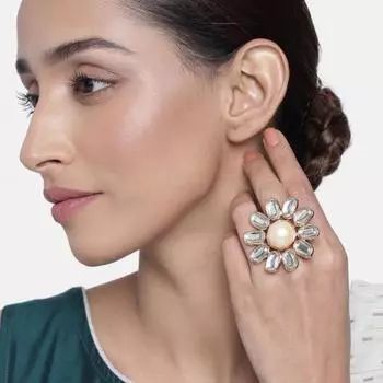 Дизайнерское регулируемое кольцо polki Kundan для женщин с кремовым жемчугом