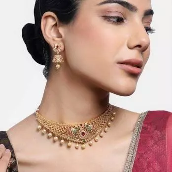 Дизайнерское свадебное колье-чокер Estele с позолоченным фианитом и павлином, цветными камнями и жемчугом