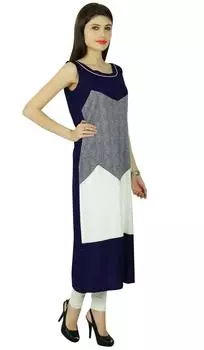 Дизайнерское женское повседневное платье-туника в этническом стиле без рукавов из вискозы в горошек 10 темно-синий