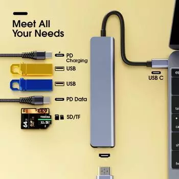 Dj1013 7 в 1 Usb C Hub для 4k HDMI-совместимого адаптера типа C с Pd Tf Sd, совместимого для серый