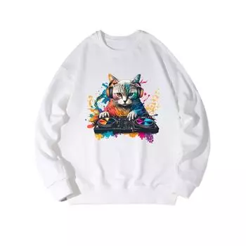 DJ Cat Fashionable Printed Top, Autumn and Winter Casual Sportswear, Cotton Sweatshirt M белый
