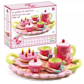 DJECO Jeco Lily Rose Tea Party Play Tableware Wooden Cake Tea Set Girls Gift Montessori 3 Years Child Christmas (DJ06639)