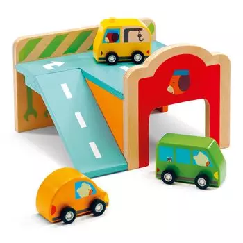 DJECO Mini Garage Mini Car Деревянная игрушечная машинка для 1-летнего ребенка, набор для гаража, деревянная игрушка, детский гараж для парковки, подарок на Рождество (DJ06387)