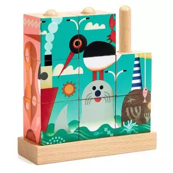 DJECO Puzzle Up Sea Cube Puzzle 3D Puzzle Blocks Wooden Tsumiki Picture Matching 4 Sides Детская развивающая игрушка Animal Toy Montessori 2 Years Old 3