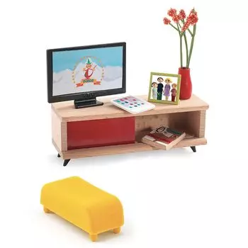 DJECO TV Room TV Притворись, ролевая игра, кукольный домик, игрушка, развивающая игрушка для девочек, детей 4 лет, подарок, милый, стильный (DJ07827)